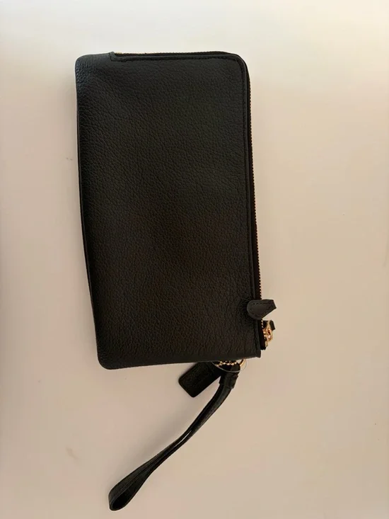 Coach Black Pebbled Leather Zip Wristlet with Gold Logo - Picture 3 of 16